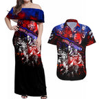 Step Into Horror Domain Bulldogs Football Couples Matching Off Shoulder Maxi Dress and Hawaiian Shirt Halloween Horror Movie Characters - Aussie Hoodie