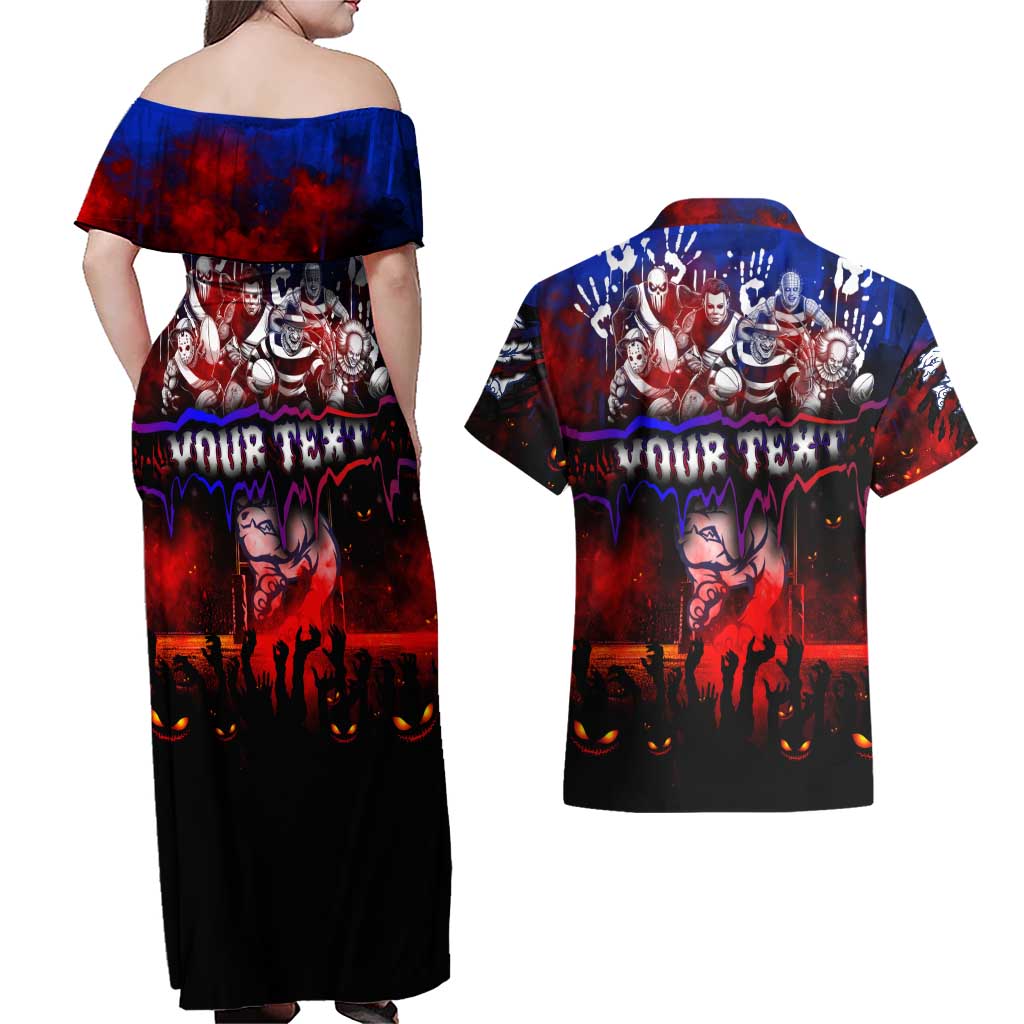 Step Into Horror Domain Bulldogs Football Couples Matching Off Shoulder Maxi Dress and Hawaiian Shirt Halloween Horror Movie Characters - Aussie Hoodie