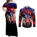 Step Into Horror Domain Bulldogs Football Couples Matching Off Shoulder Maxi Dress and Long Sleeve Button Shirt Halloween Horror Movie Characters - Aussie Hoodie