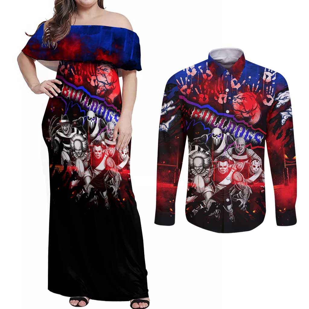 Step Into Horror Domain Bulldogs Football Couples Matching Off Shoulder Maxi Dress and Long Sleeve Button Shirt Halloween Horror Movie Characters - Aussie Hoodie