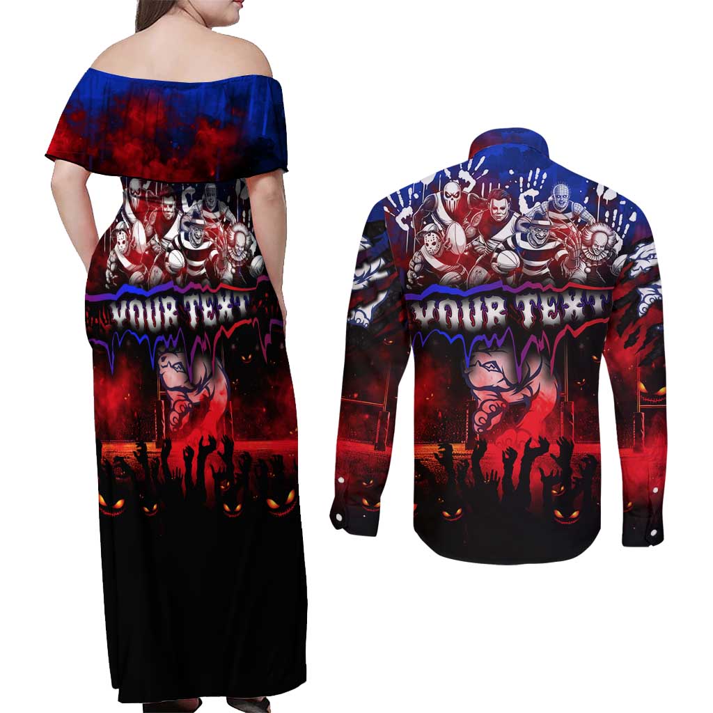 Step Into Horror Domain Bulldogs Football Couples Matching Off Shoulder Maxi Dress and Long Sleeve Button Shirt Halloween Horror Movie Characters - Aussie Hoodie