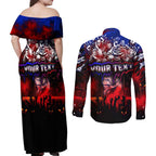 Step Into Horror Domain Bulldogs Football Couples Matching Off Shoulder Maxi Dress and Long Sleeve Button Shirt Halloween Horror Movie Characters - Aussie Hoodie
