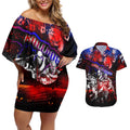 Step Into Horror Domain Bulldogs Football Couples Matching Off Shoulder Short Dress and Hawaiian Shirt Halloween Horror Movie Characters - Aussie Hoodie