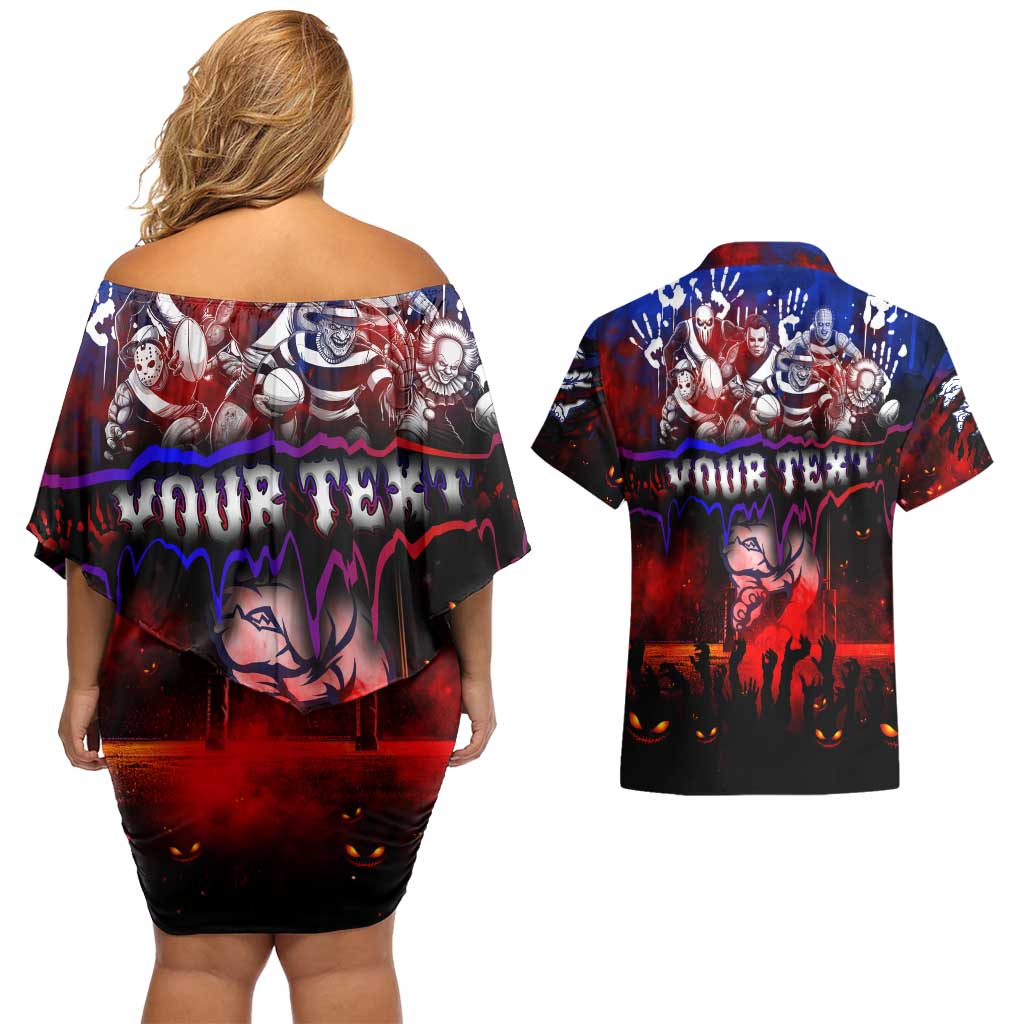 Step Into Horror Domain Bulldogs Football Couples Matching Off Shoulder Short Dress and Hawaiian Shirt Halloween Horror Movie Characters - Aussie Hoodie