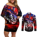 Step Into Horror Domain Bulldogs Football Couples Matching Off Shoulder Short Dress and Long Sleeve Button Shirt Halloween Horror Movie Characters - Aussie Hoodie