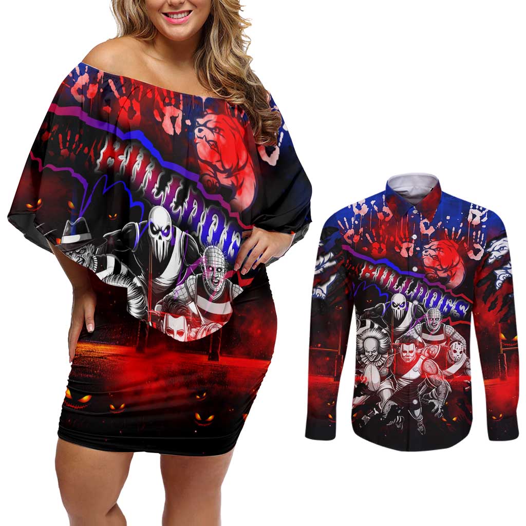 Step Into Horror Domain Bulldogs Football Couples Matching Off Shoulder Short Dress and Long Sleeve Button Shirt Halloween Horror Movie Characters - Aussie Hoodie