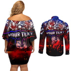 Step Into Horror Domain Bulldogs Football Couples Matching Off Shoulder Short Dress and Long Sleeve Button Shirt Halloween Horror Movie Characters - Aussie Hoodie