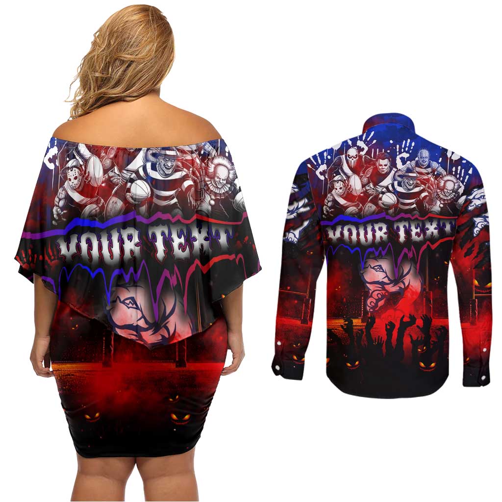 Step Into Horror Domain Bulldogs Football Couples Matching Off Shoulder Short Dress and Long Sleeve Button Shirt Halloween Horror Movie Characters - Aussie Hoodie
