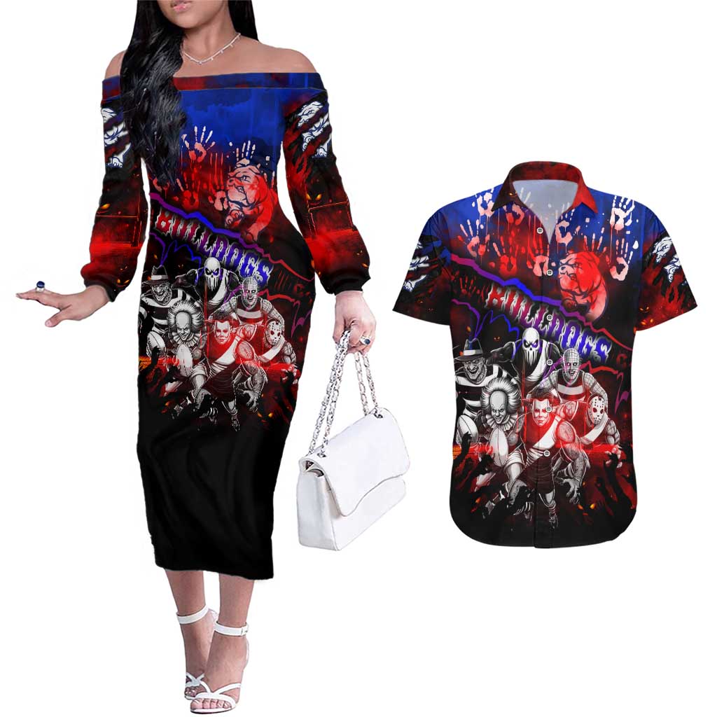 Step Into Horror Domain Bulldogs Football Couples Matching Off The Shoulder Long Sleeve Dress and Hawaiian Shirt Halloween Horror Movie Characters - Aussie Hoodie