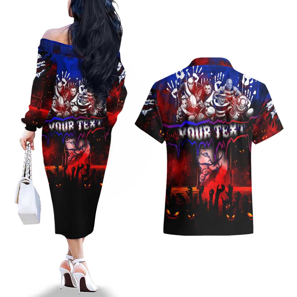 Step Into Horror Domain Bulldogs Football Couples Matching Off The Shoulder Long Sleeve Dress and Hawaiian Shirt Halloween Horror Movie Characters - Aussie Hoodie