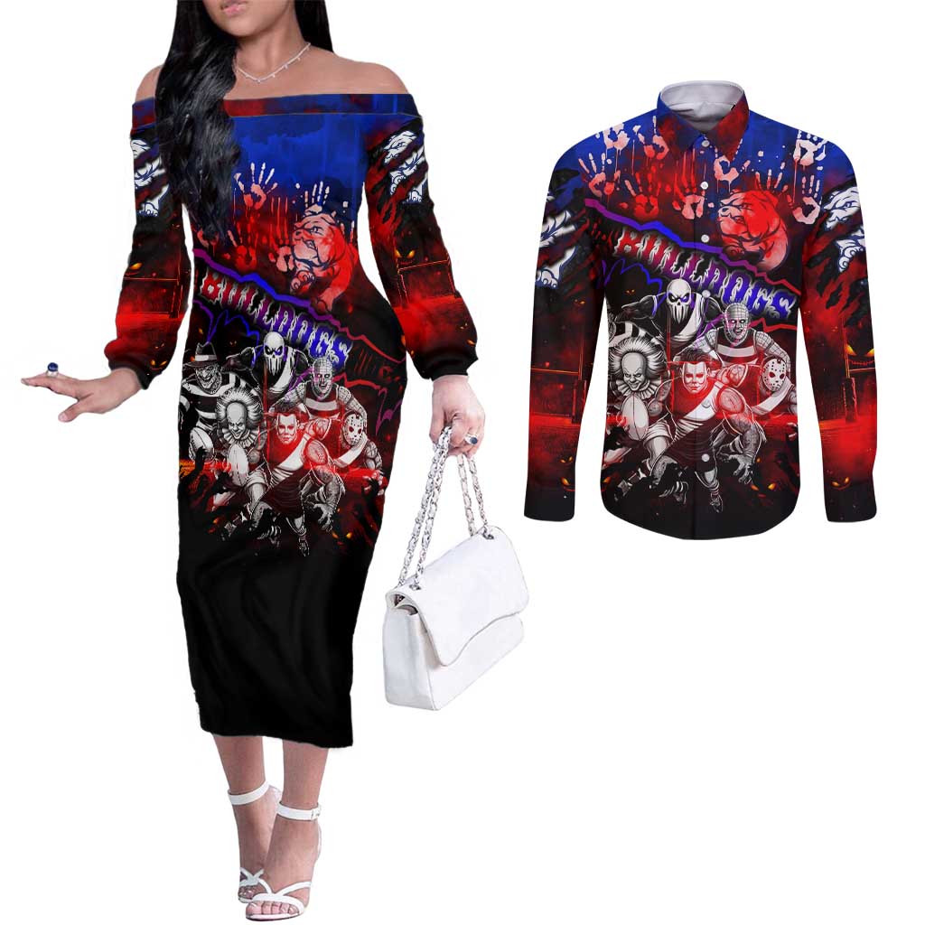 Step Into Horror Domain Bulldogs Football Couples Matching Off The Shoulder Long Sleeve Dress and Long Sleeve Button Shirt Halloween Horror Movie Characters - Aussie Hoodie