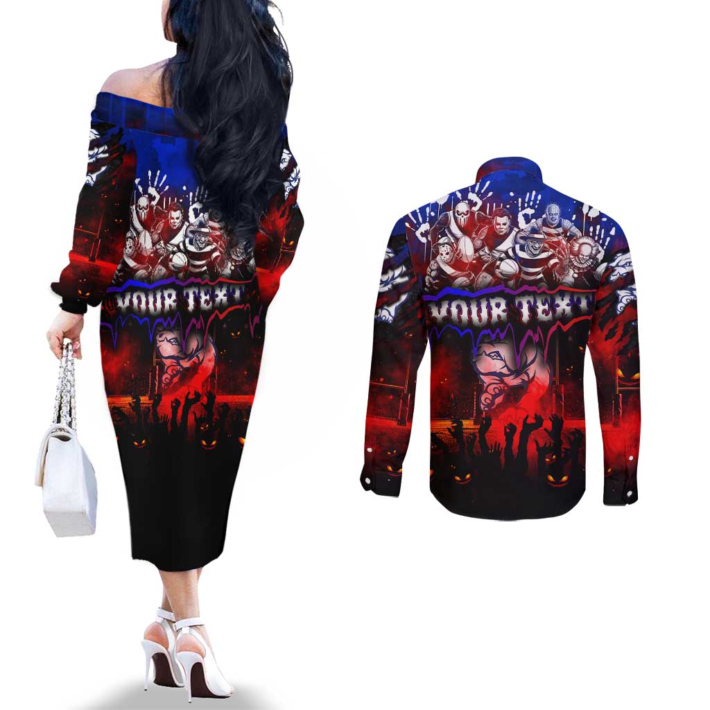 Step Into Horror Domain Bulldogs Football Couples Matching Off The Shoulder Long Sleeve Dress and Long Sleeve Button Shirt Halloween Horror Movie Characters - Aussie Hoodie