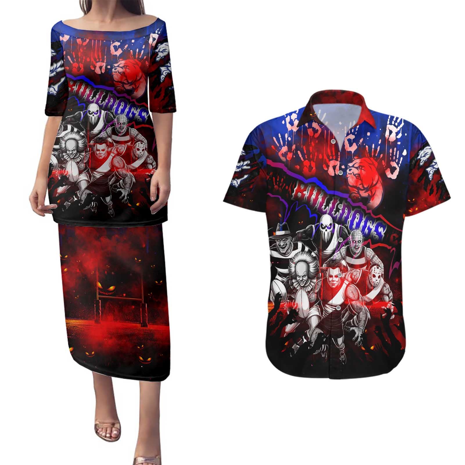 Step Into Horror Domain Bulldogs Football Couples Matching Puletasi and Hawaiian Shirt Halloween Horror Movie Characters - Aussie Hoodie