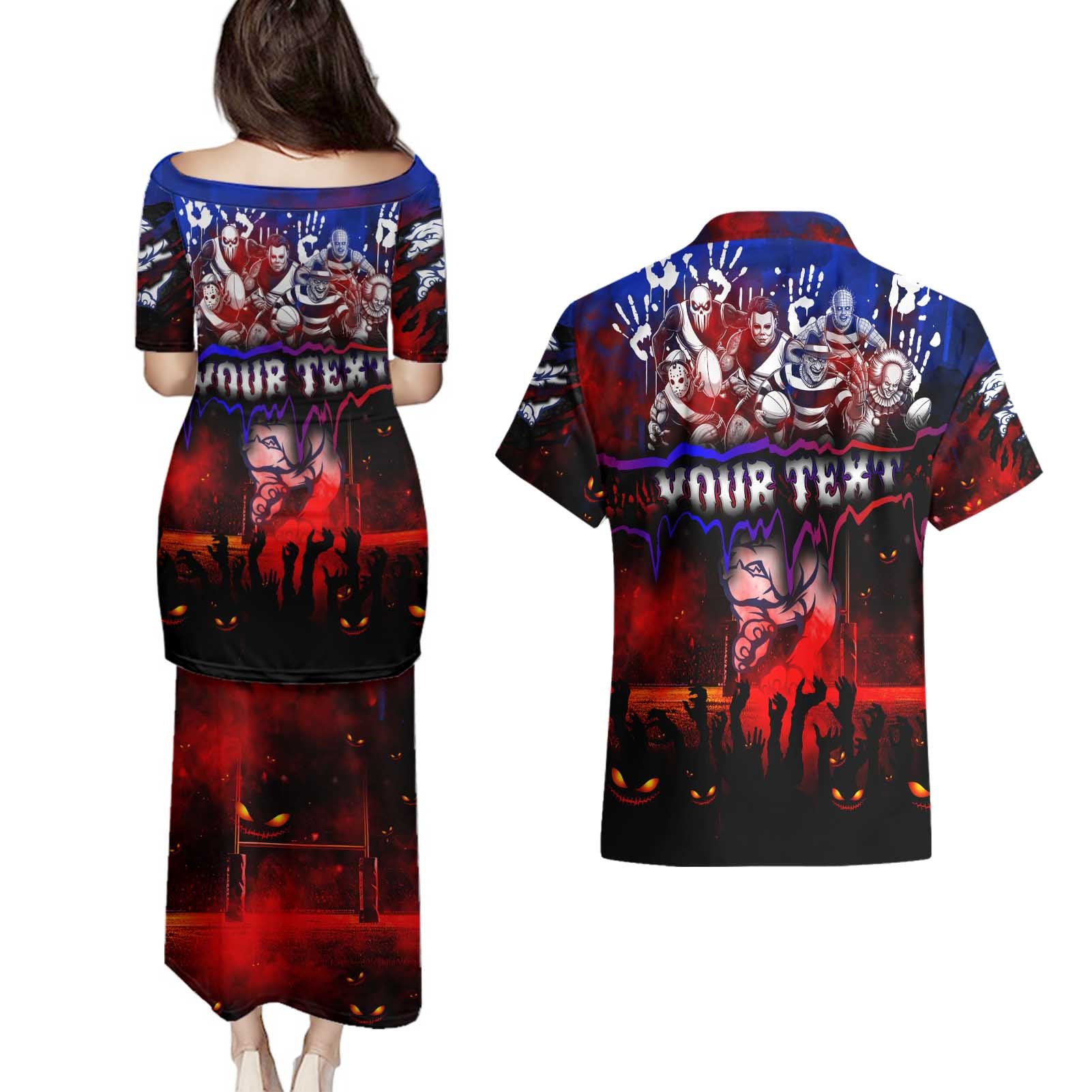 Step Into Horror Domain Bulldogs Football Couples Matching Puletasi and Hawaiian Shirt Halloween Horror Movie Characters - Aussie Hoodie