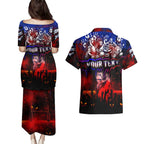 Step Into Horror Domain Bulldogs Football Couples Matching Puletasi and Hawaiian Shirt Halloween Horror Movie Characters - Aussie Hoodie