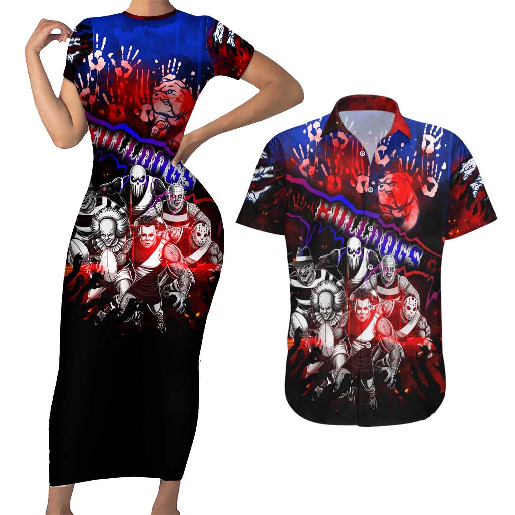 Step Into Horror Domain Bulldogs Football Couples Matching Short Sleeve Bodycon Dress and Hawaiian Shirt Halloween Horror Movie Characters - Aussie Hoodie