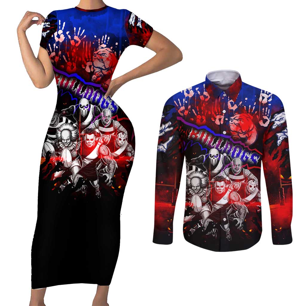 Step Into Horror Domain Bulldogs Football Couples Matching Short Sleeve Bodycon Dress and Long Sleeve Button Shirt Halloween Horror Movie Characters - Aussie Hoodie