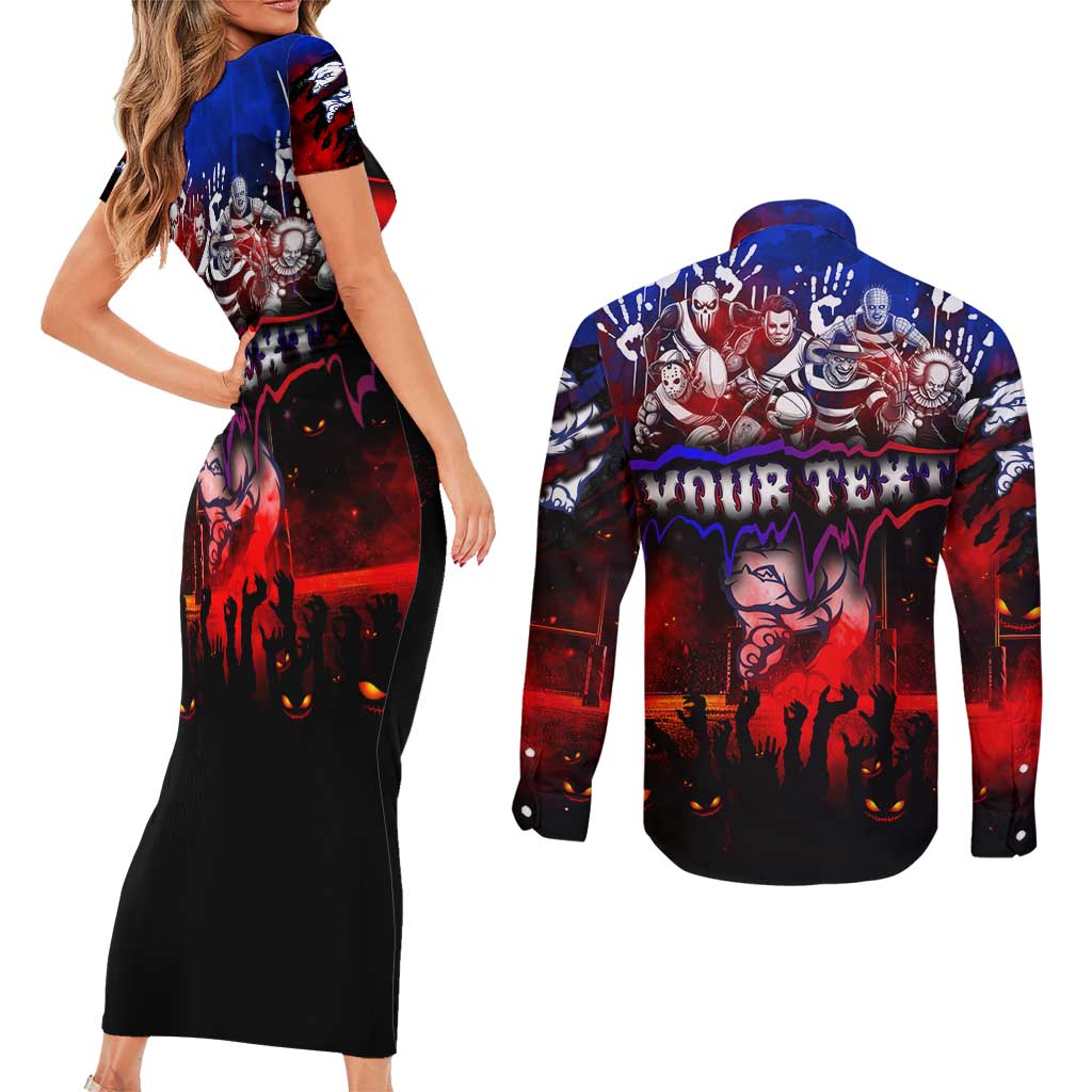 Step Into Horror Domain Bulldogs Football Couples Matching Short Sleeve Bodycon Dress and Long Sleeve Button Shirt Halloween Horror Movie Characters - Aussie Hoodie