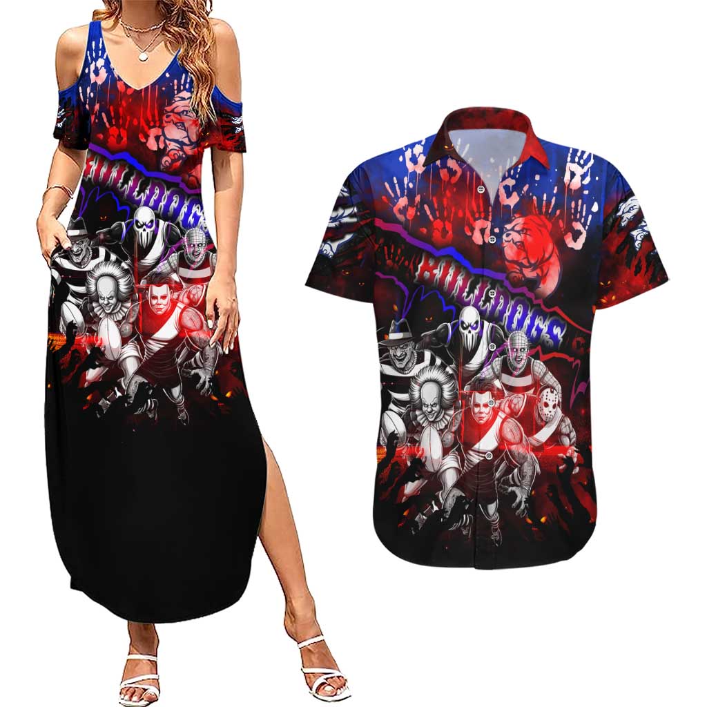 Step Into Horror Domain Bulldogs Football Couples Matching Summer Maxi Dress and Hawaiian Shirt Halloween Horror Movie Characters - Aussie Hoodie