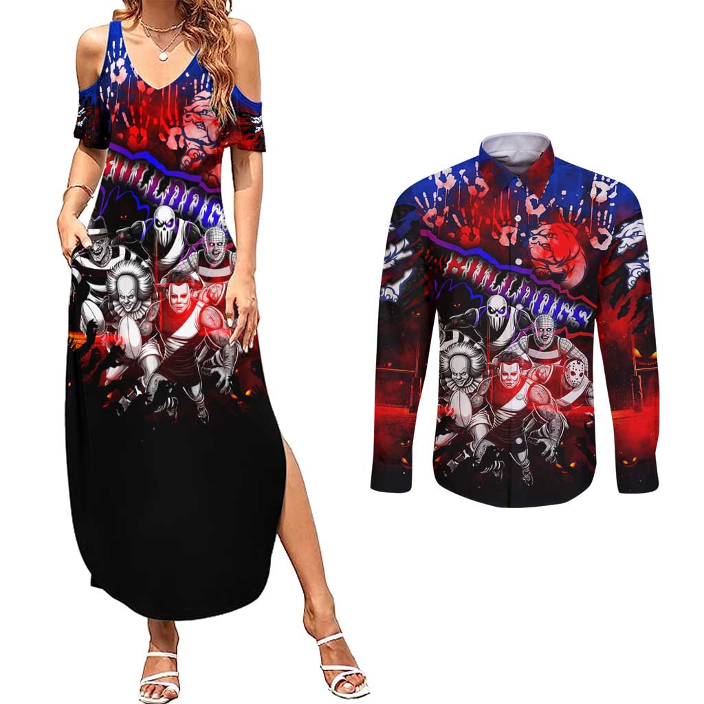Step Into Horror Domain Bulldogs Football Couples Matching Summer Maxi Dress and Long Sleeve Button Shirt Halloween Horror Movie Characters - Aussie Hoodie