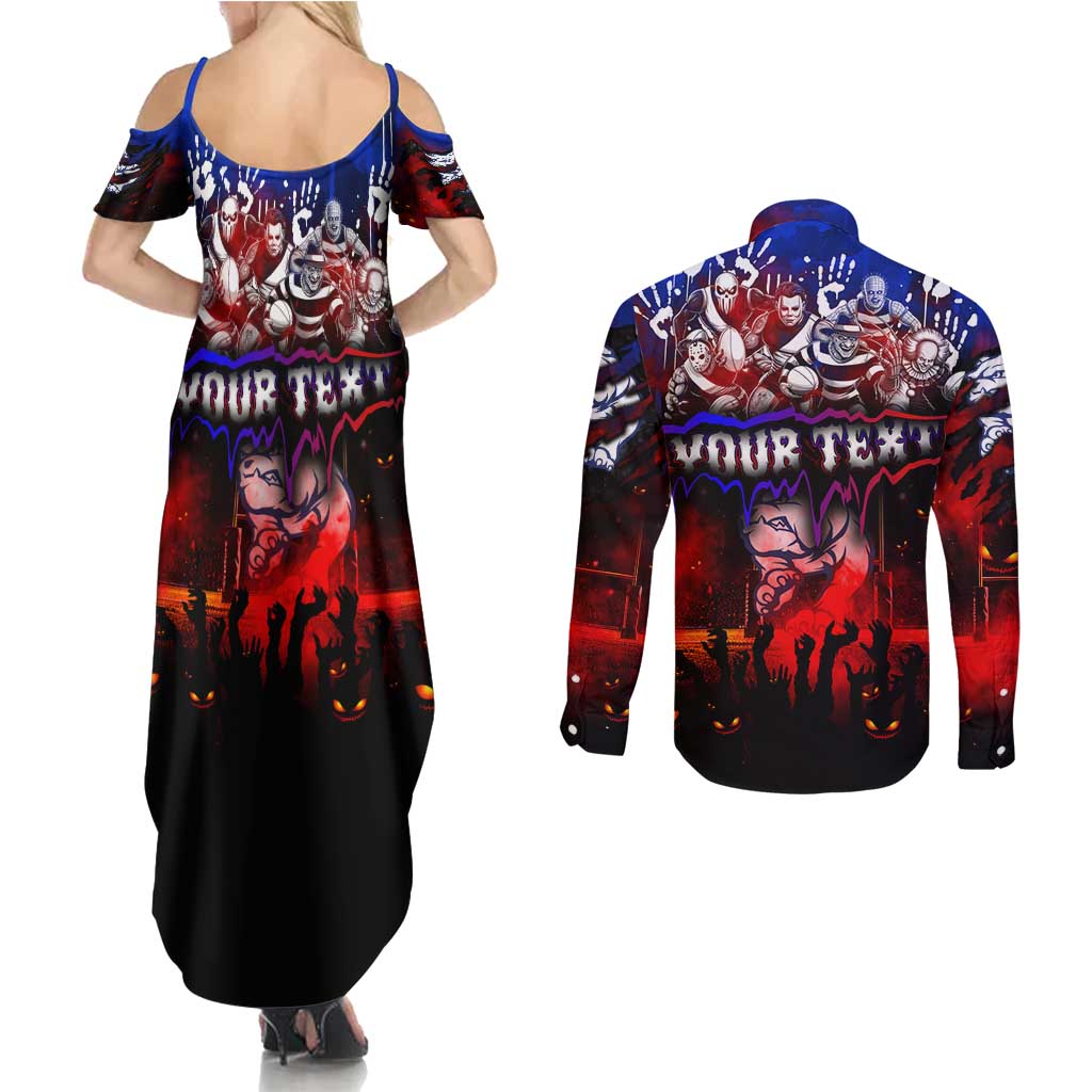 Step Into Horror Domain Bulldogs Football Couples Matching Summer Maxi Dress and Long Sleeve Button Shirt Halloween Horror Movie Characters - Aussie Hoodie