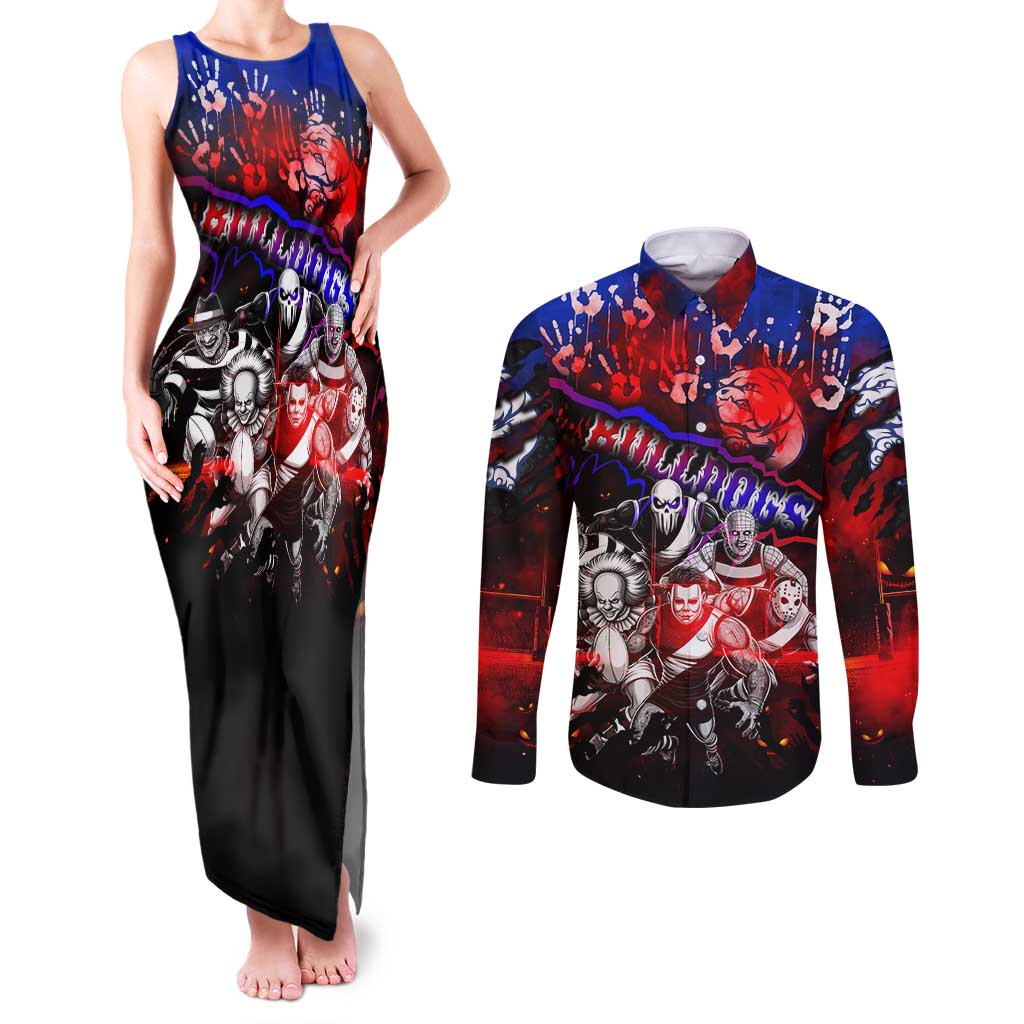 Step Into Horror Domain Bulldogs Football Couples Matching Tank Maxi Dress and Long Sleeve Button Shirt Halloween Horror Movie Characters - Aussie Hoodie
