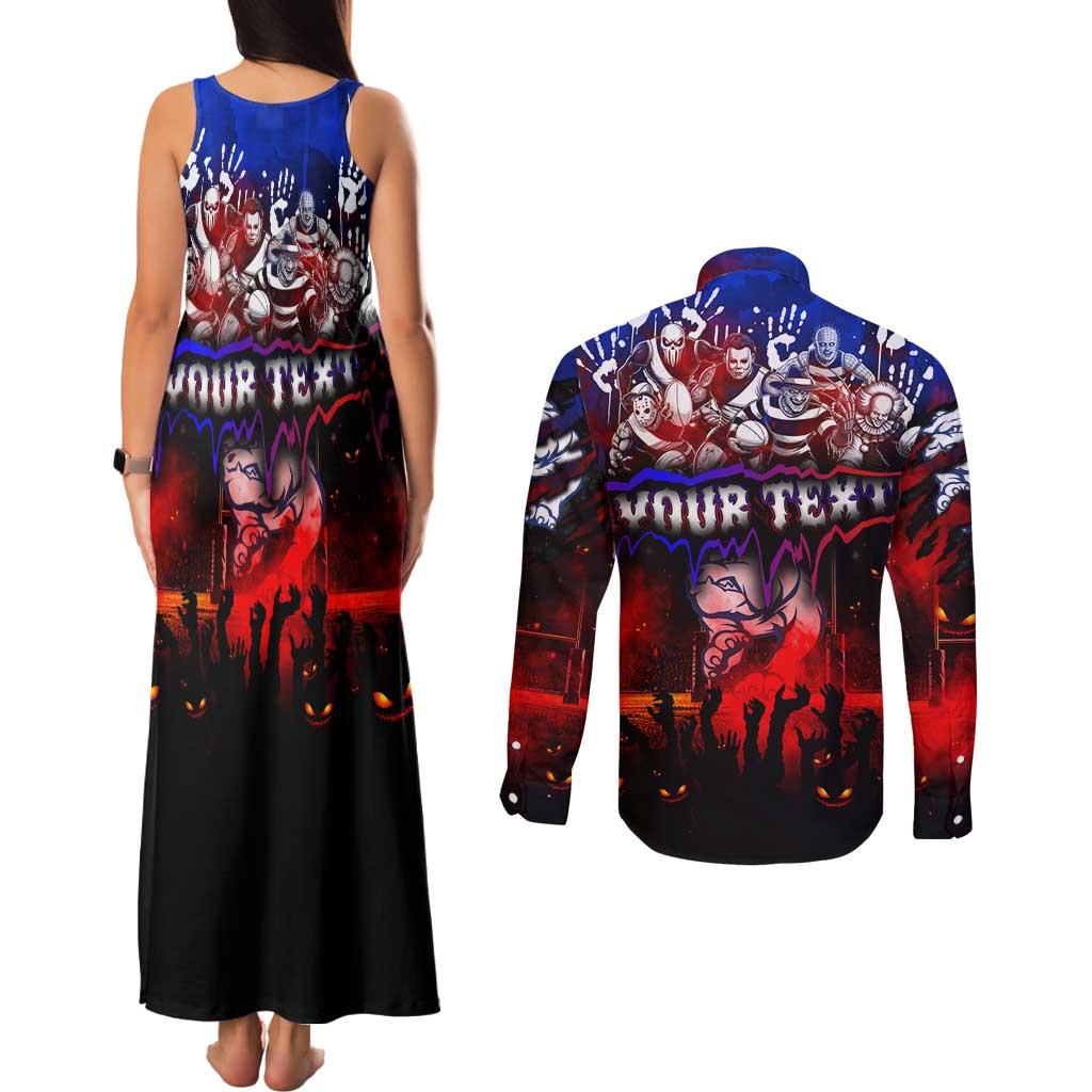 Step Into Horror Domain Bulldogs Football Couples Matching Tank Maxi Dress and Long Sleeve Button Shirt Halloween Horror Movie Characters - Aussie Hoodie