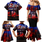 Step Into Horror Domain Bulldogs Football Family Matching Mermaid Dress and Hawaiian Shirt Halloween Horror Movie Characters - Aussie Hoodie