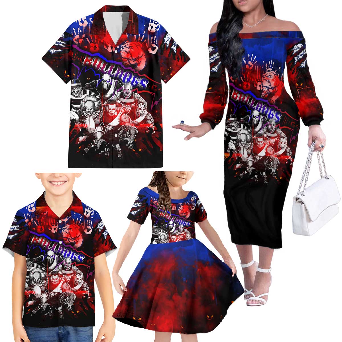 Step Into Horror Domain Bulldogs Football Family Matching Off The Shoulder Long Sleeve Dress and Hawaiian Shirt Halloween Horror Movie Characters - Aussie Hoodie