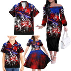 Step Into Horror Domain Bulldogs Football Family Matching Off The Shoulder Long Sleeve Dress and Hawaiian Shirt Halloween Horror Movie Characters - Aussie Hoodie