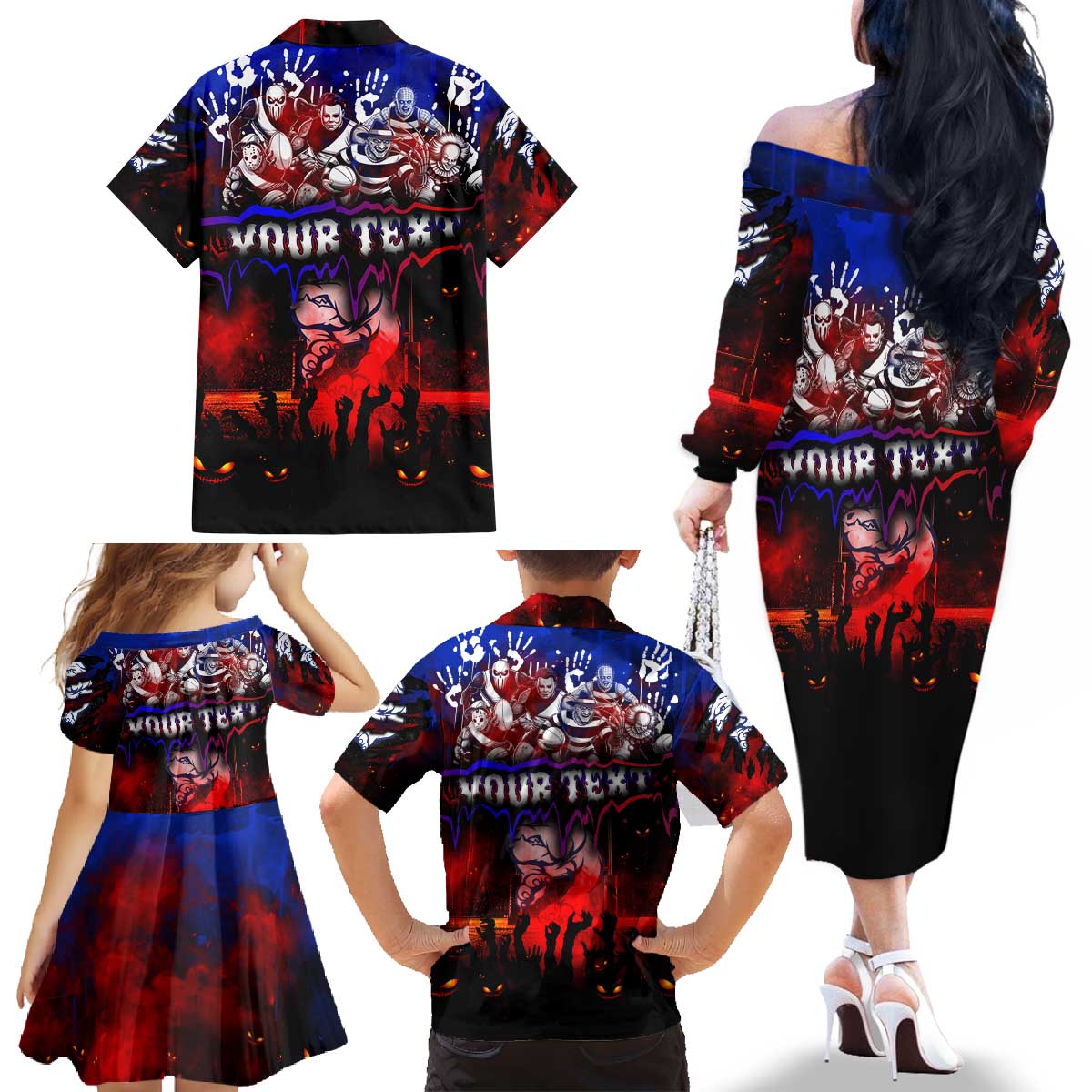 Step Into Horror Domain Bulldogs Football Family Matching Off The Shoulder Long Sleeve Dress and Hawaiian Shirt Halloween Horror Movie Characters - Aussie Hoodie