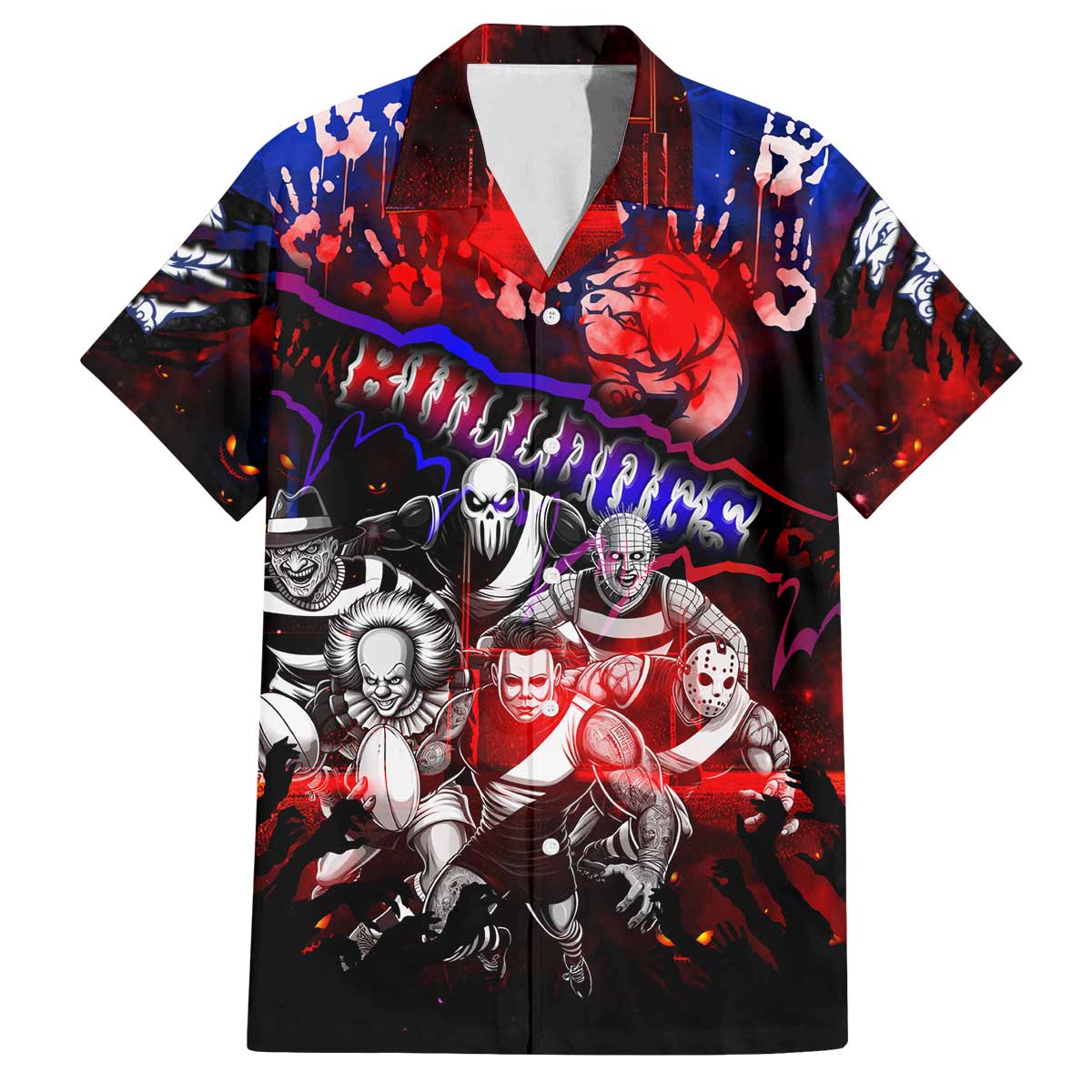 Step Into Horror Domain Bulldogs Football Family Matching Off The Shoulder Long Sleeve Dress and Hawaiian Shirt Halloween Horror Movie Characters - Aussie Hoodie