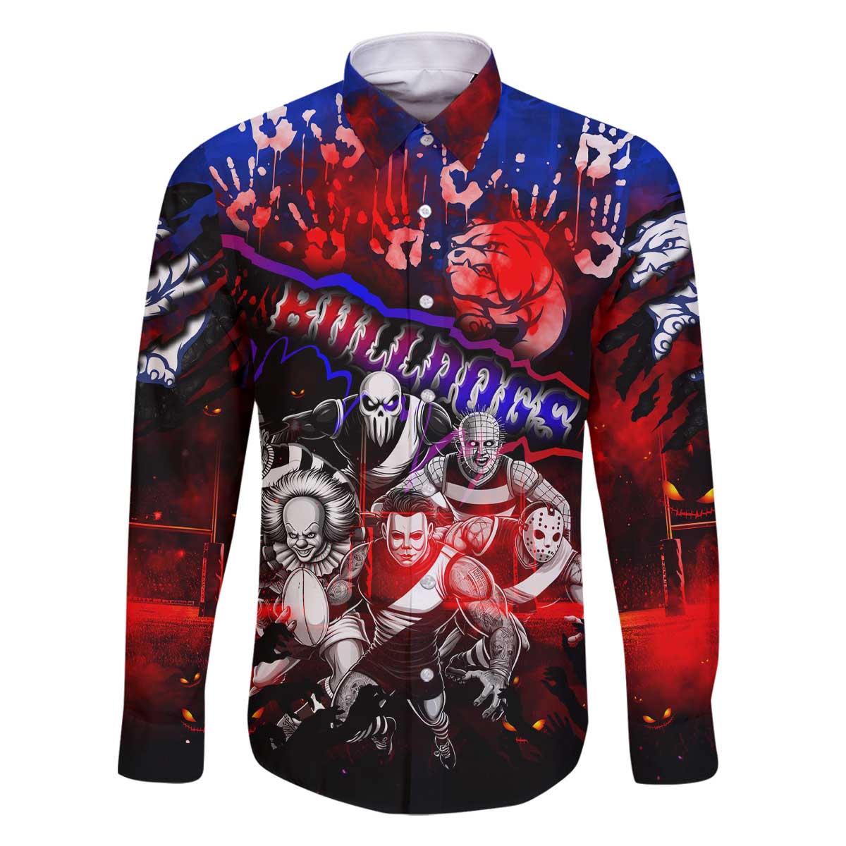 Step Into Horror Domain Bulldogs Football Family Matching Off The Shoulder Long Sleeve Dress and Hawaiian Shirt Halloween Horror Movie Characters - Aussie Hoodie