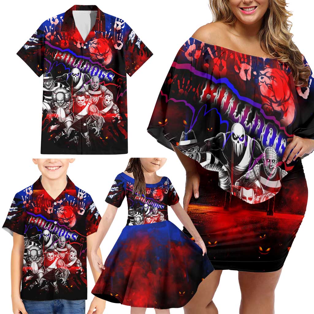 Step Into Horror Domain Bulldogs Football Family Matching Off Shoulder Short Dress and Hawaiian Shirt Halloween Horror Movie Characters - Aussie Hoodie