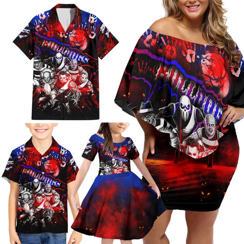 Step Into Horror Domain Bulldogs Football Family Matching Off Shoulder Short Dress and Hawaiian Shirt Halloween Horror Movie Characters - Aussie Hoodie