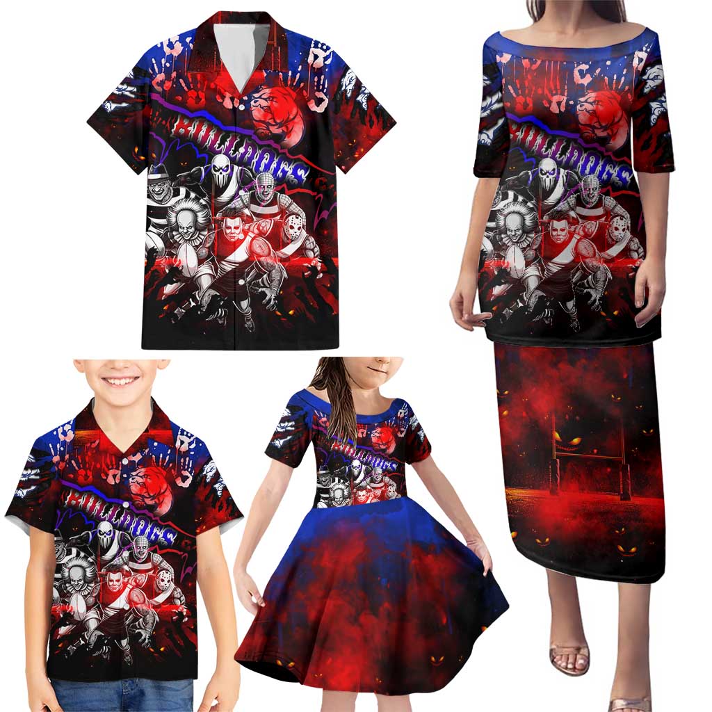 Step Into Horror Domain Bulldogs Football Family Matching Puletasi and Hawaiian Shirt Halloween Horror Movie Characters - Aussie Hoodie