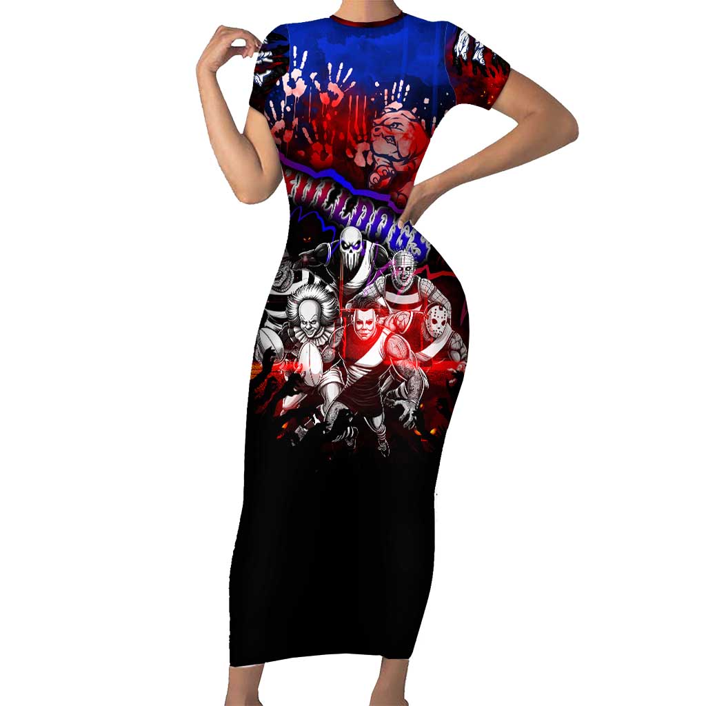 Step Into Horror Domain Bulldogs Football Family Matching Short Sleeve Bodycon Dress and Hawaiian Shirt Halloween Horror Movie Characters - Aussie Hoodie