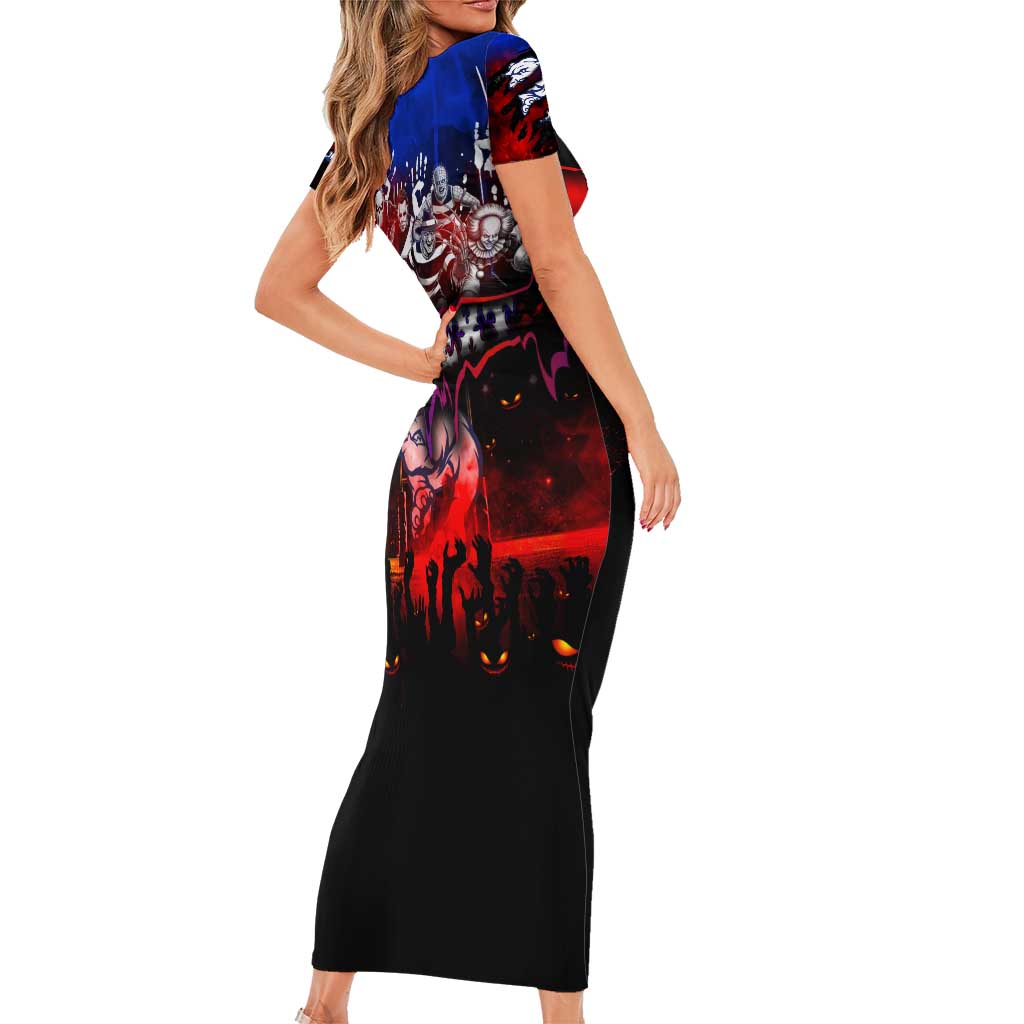 Step Into Horror Domain Bulldogs Football Family Matching Short Sleeve Bodycon Dress and Hawaiian Shirt Halloween Horror Movie Characters - Aussie Hoodie