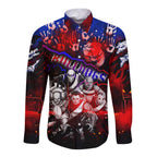 Step Into Horror Domain Bulldogs Football Long Sleeve Button Shirt Halloween Horror Movie Characters - Aussie Hoodie