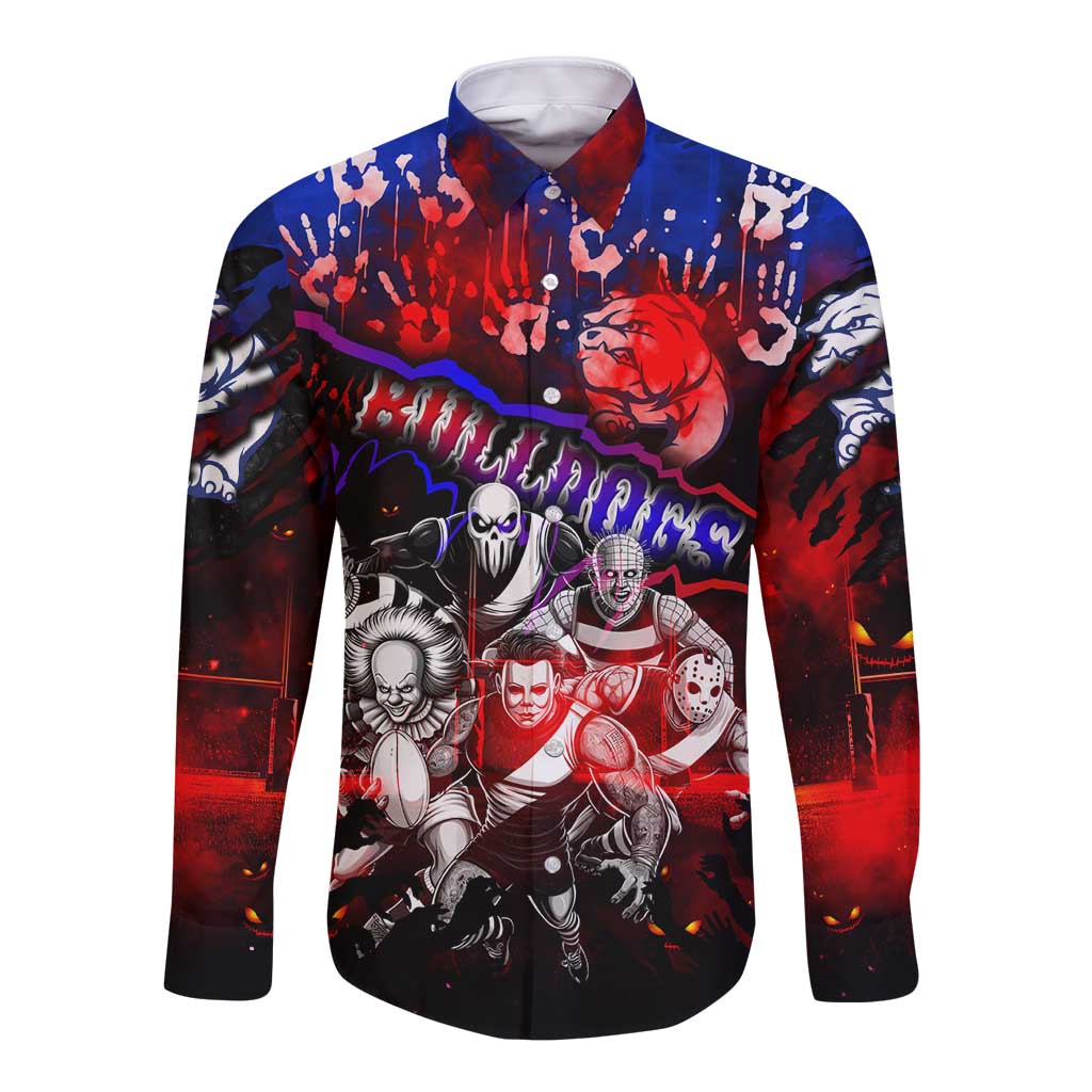 Step Into Horror Domain Bulldogs Football Long Sleeve Button Shirt Halloween Horror Movie Characters - Aussie Hoodie