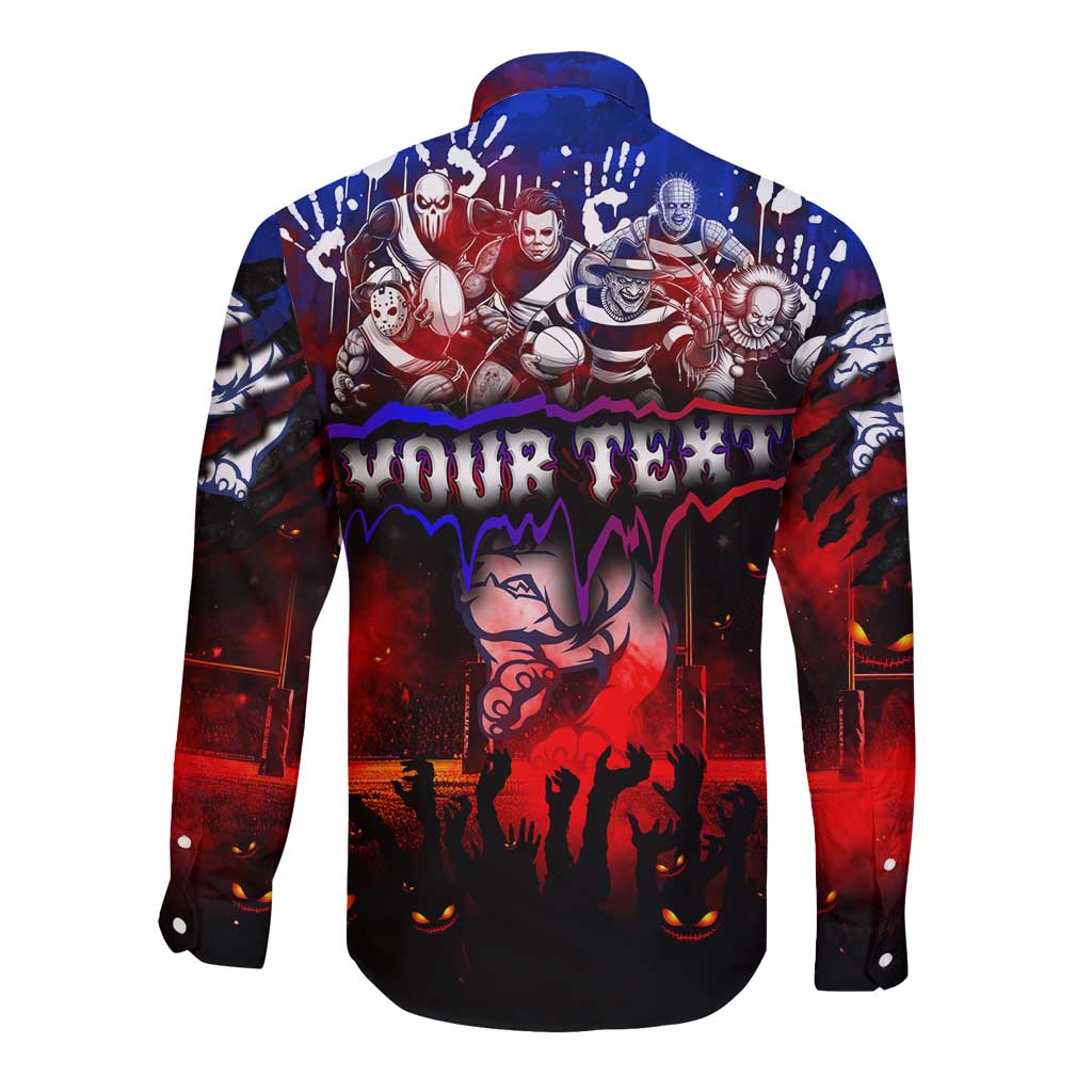 Step Into Horror Domain Bulldogs Football Long Sleeve Button Shirt Halloween Horror Movie Characters - Aussie Hoodie