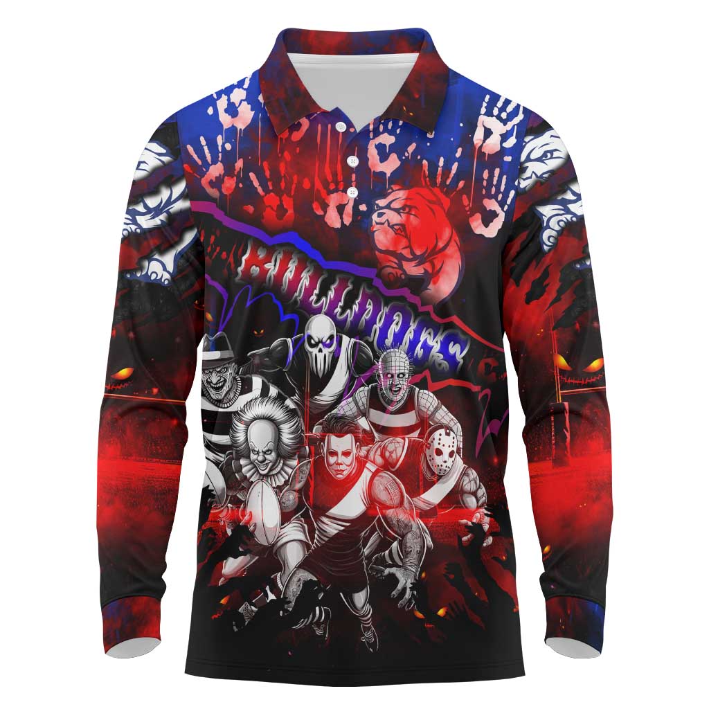 Step Into Horror Domain Bulldogs Football Long Sleeve Polo Shirt Halloween Horror Movie Characters - Aussie Hoodie