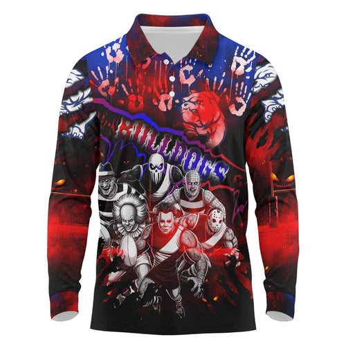 Step Into Horror Domain Bulldogs Football Long Sleeve Polo Shirt Halloween Horror Movie Characters - Aussie Hoodie