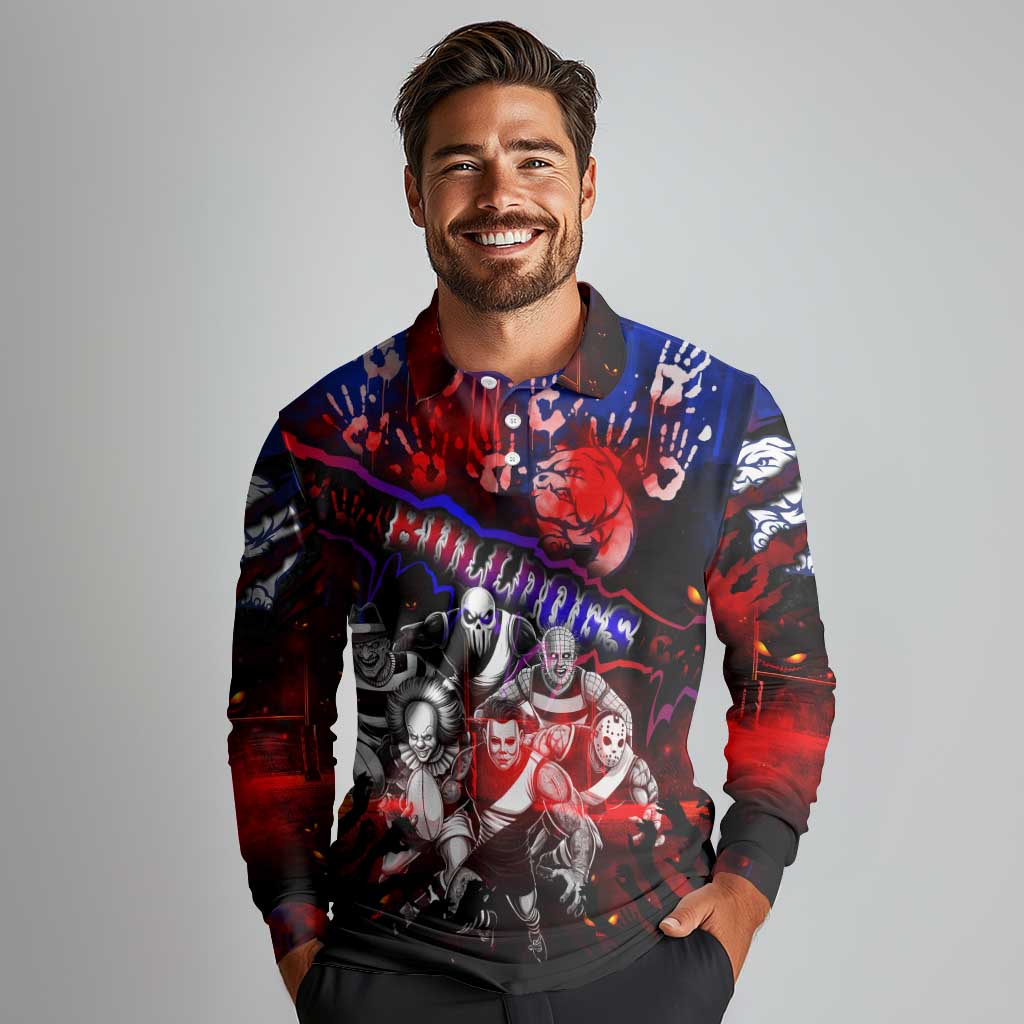 Step Into Horror Domain Bulldogs Football Long Sleeve Polo Shirt Halloween Horror Movie Characters - Aussie Hoodie