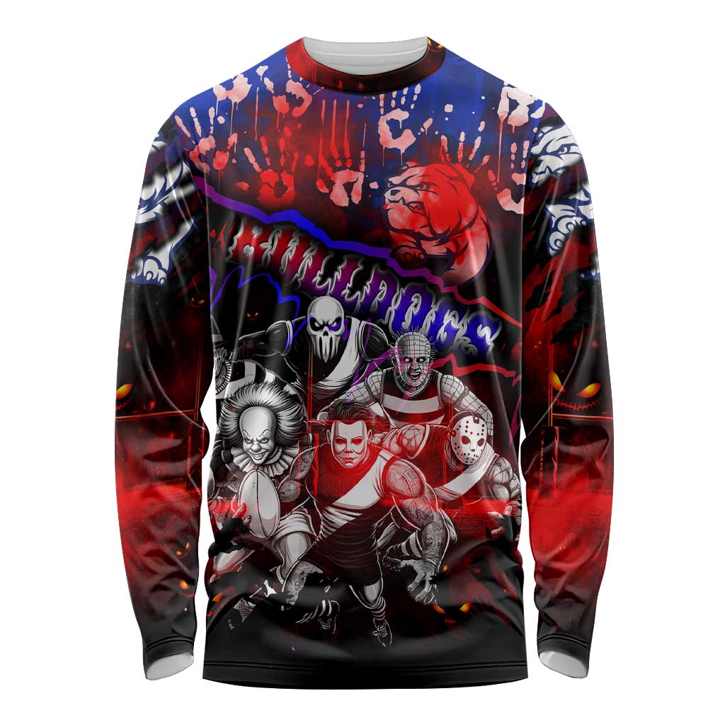 Step Into Horror Domain Bulldogs Football Long Sleeve Shirt Halloween Horror Movie Characters - Aussie Hoodie