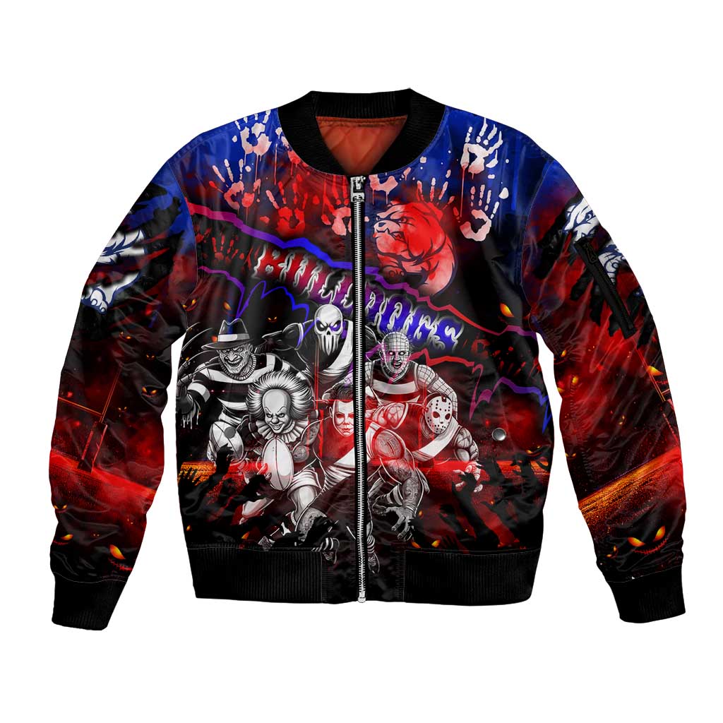 Step Into Horror Domain Bulldogs Football Sleeve Zip Bomber Jacket Halloween Horror Movie Characters - Aussie Hoodie