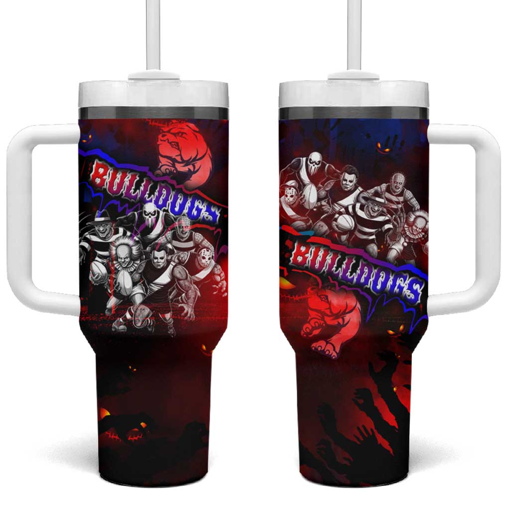 Step Into Horror Domain Bulldogs Football Tumbler With Handle Halloween Horror Movie Characters - Aussie Hoodie