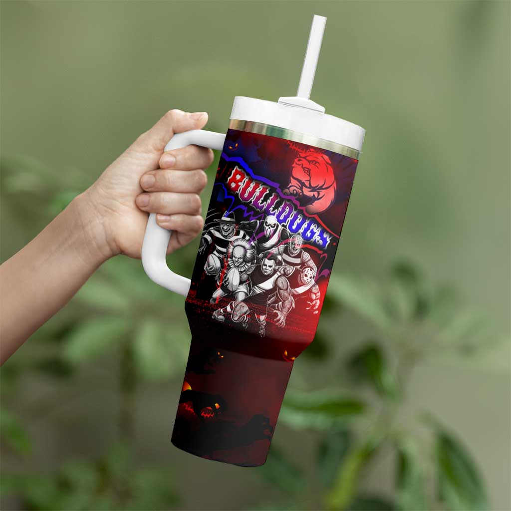 Step Into Horror Domain Bulldogs Football Tumbler With Handle Halloween Horror Movie Characters - Aussie Hoodie