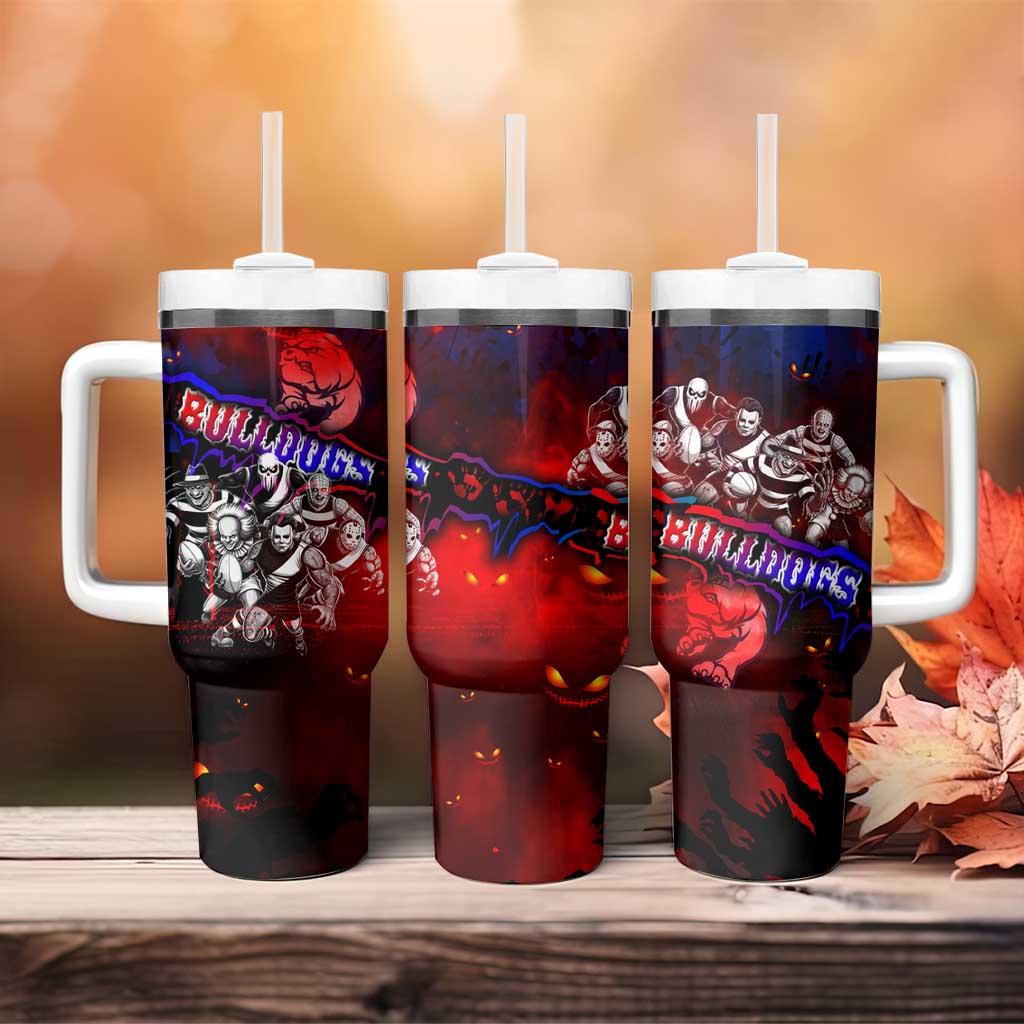 Step Into Horror Domain Bulldogs Football Tumbler With Handle Halloween Horror Movie Characters - Aussie Hoodie