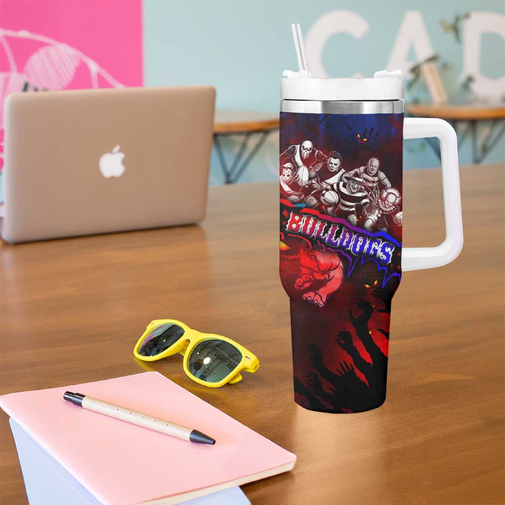Step Into Horror Domain Bulldogs Football Tumbler With Handle Halloween Horror Movie Characters - Aussie Hoodie
